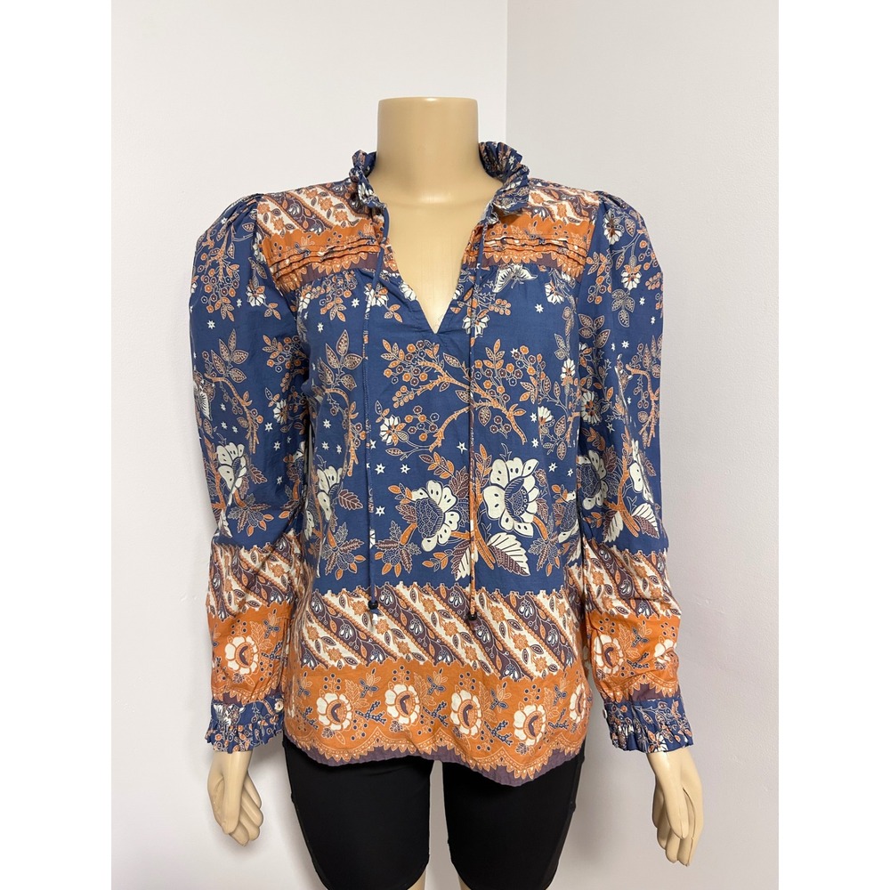 Love The Label Blue Orange Floral Batik Print Ruffle Neck Cotton BOHO Blouse Med